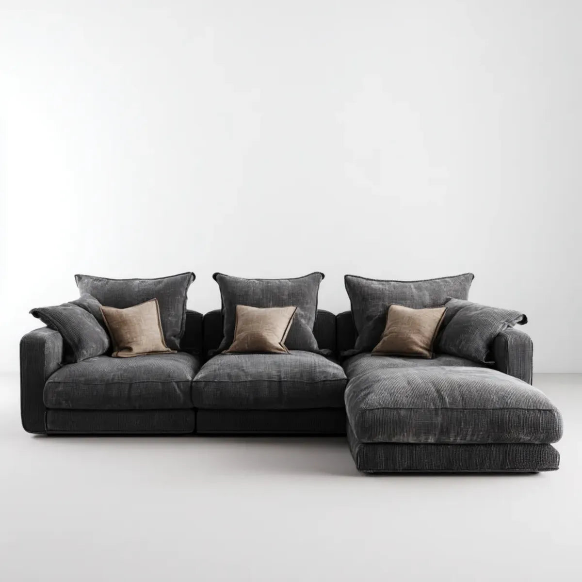 Sofa, 3 fotela narożna z szezlongiem szarym antracytem w żebrze aksamitnym 285 x 165 x 88 cm