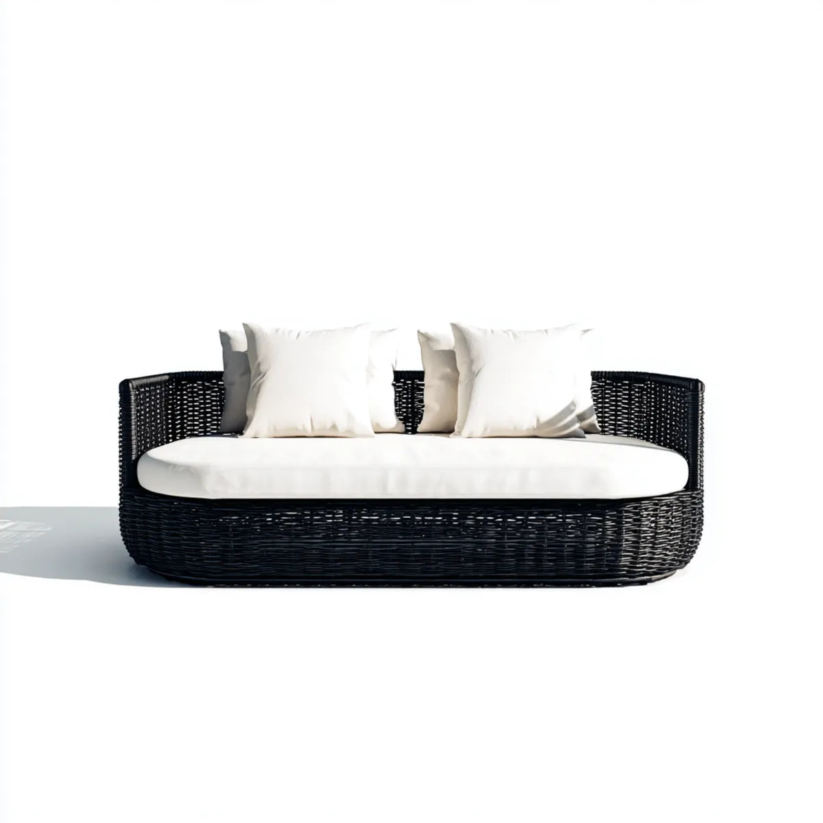 Sofa ogrodowa, Tapczan ogrodowy 2 czarne siedzenia z białą poduszeczką rattanową PE 180 x 80 x 75 cm owalne