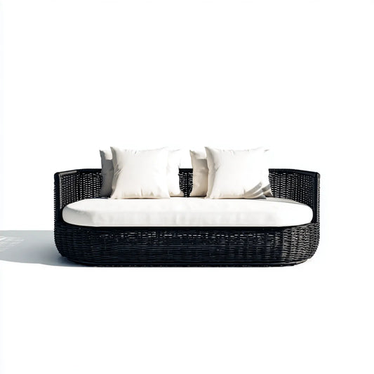 Sofa ogrodowa, Tapczan ogrodowy 2 czarne siedzenia z białą poduszeczką rattanową PE 180 x 80 x 75 cm owalne