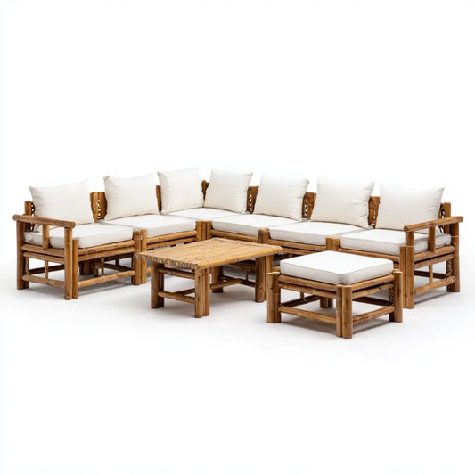 Sofa ogrodowa, Ustaw narożnik ogrodowy 8 sztuk w naturalnym bambusie z poduszek z kości słoniowej 260 x 195 cm