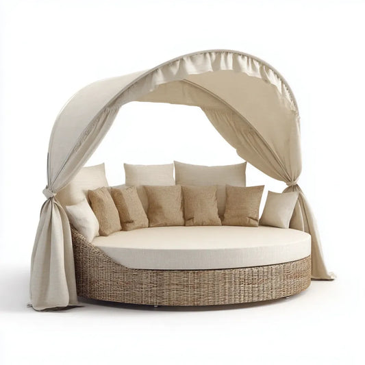 Sofa ogrodowa, beżowa okrągła sofa ogrodowa 220 x 220 x 200 cm w tkaninach polietylenowych i poliestrowych z baldachimem