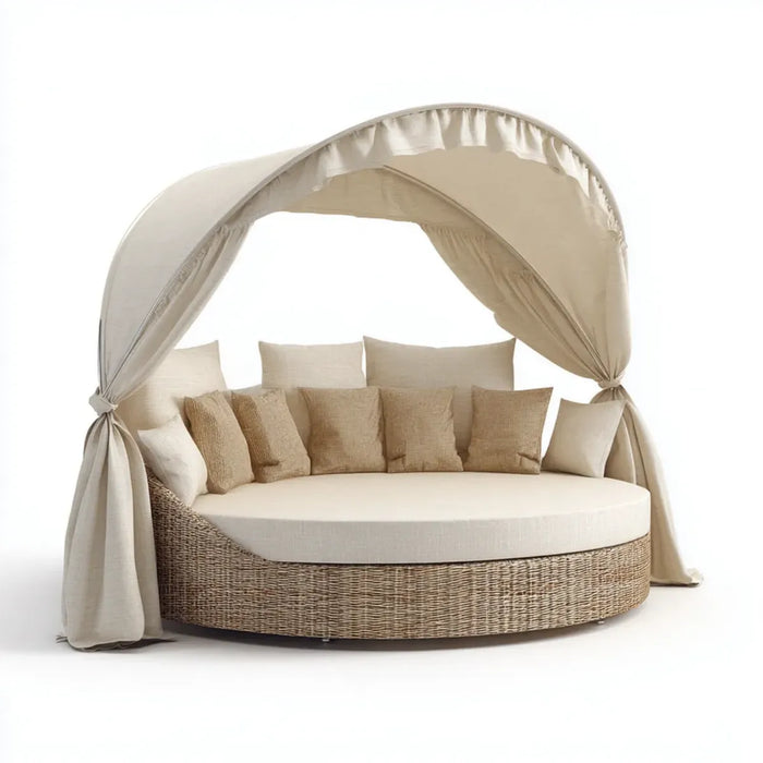 Sofa ogrodowa, beżowa okrągła sofa ogrodowa 220 x 220 x 200 cm w tkaninach polietylenowych i poliestrowych z baldachimem