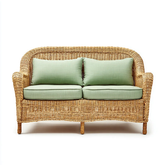 Sofa ogrodowa, Tapczan ogrodowy 2 miejsca zielony szałwia w naturalnych prostokątnych rattan pleciony 130 x 75 x 85 cm