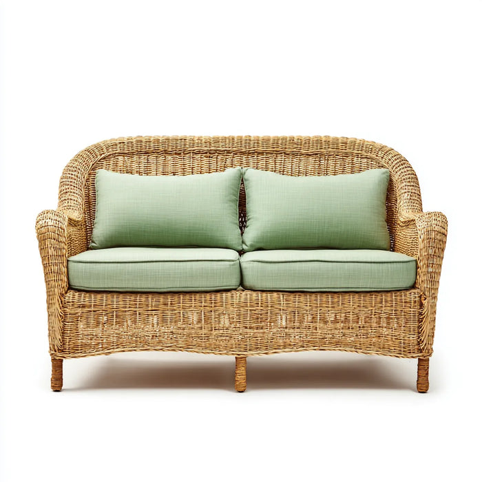 Sofa ogrodowa, Tapczan ogrodowy 2 miejsca zielony szałwia w naturalnych prostokątnych rattan pleciony 130 x 75 x 85 cm