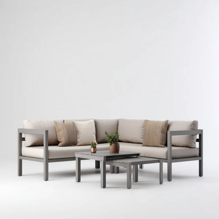 Sofa ogrodowa, Zestaw sofa ogrodowa 3 fotele z 2 stołami szary antracyt i beżowy aluminium 210 x 80 x 65 cm