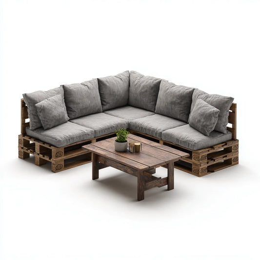 Sofa ogrodowa, Zestaw brązowo-szarych kanap ogrodowych w litym drewnie z poduszek 220 x 220 x 70 cm i stół 100 x 60 x 45 cm