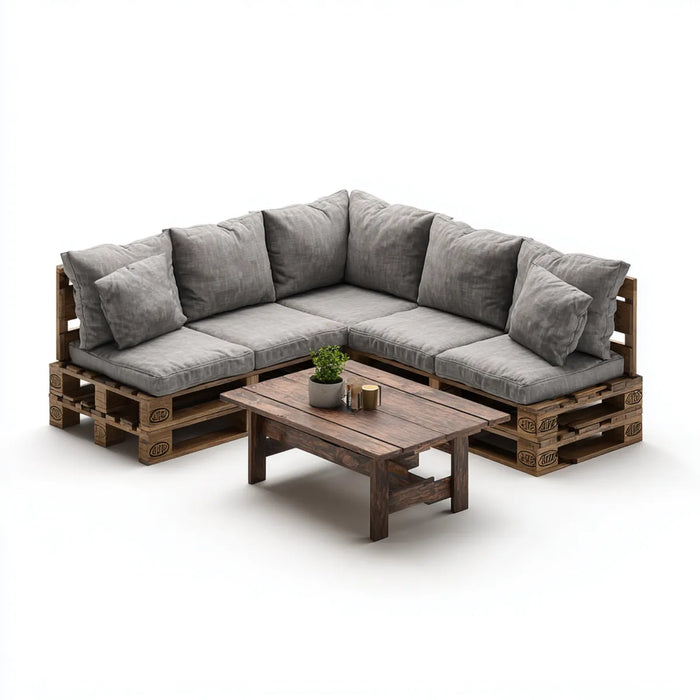 Sofa ogrodowa, Zestaw brązowo-szarych kanap ogrodowych w litym drewnie z poduszek 220 x 220 x 70 cm i stół 100 x 60 x 45 cm