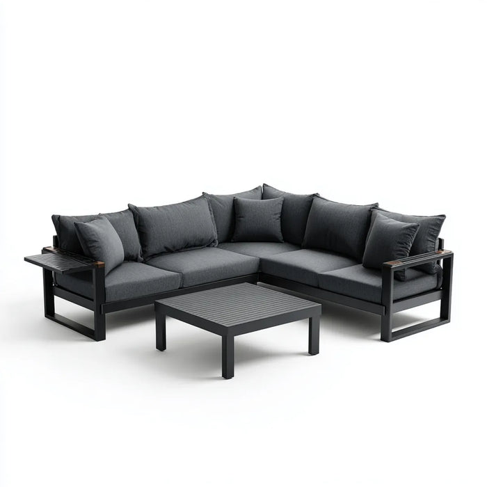 Sofa ogrodowa, Zestaw antracytu szary kątowy ogród sofa z tabeli 240 x 240 cm w stali i poliester