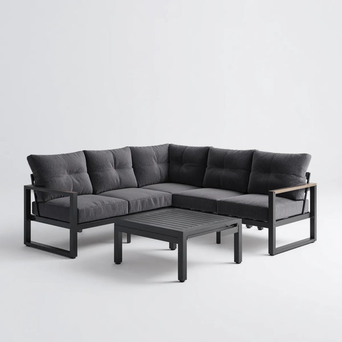 Sofa ogrodowa, Zestaw kanapa narożna ogrodowa 5 foteli z szarym stołem antracytu 250 x 250 cm w stali pokrytej proszkiem w kształcie litery L
