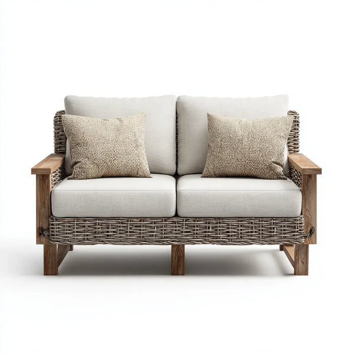 Sofa ogrodowa, Tapczan ogrodowy 2 beżowe i brązowe fotele w litej akacji i rattanie PE 140 x 75 x 78 cm