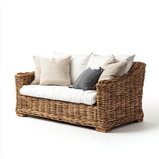 Sofa ogrodowa, Tapczan ogrodowy 2 naturalna i biała tapczan z plecionymi warkoczami 140 x 80 x 85 cm prostokątne z poduszkami
