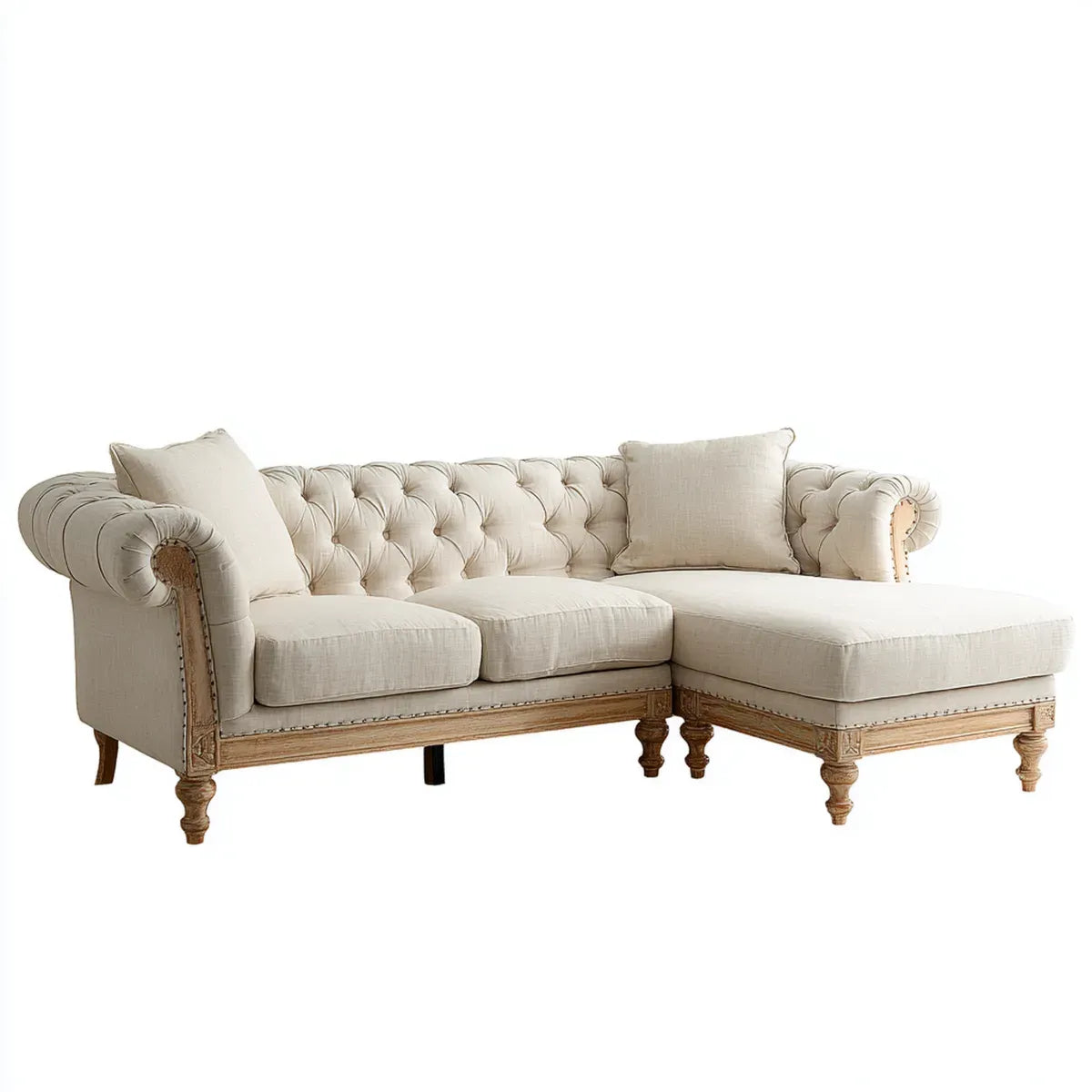 Sofa, 3-osobowy poliester Chesterfield sofa z kości słoniowej 250 x 160 x 78 cm z prostym szezlongiem i litą konstrukcją drewnianą