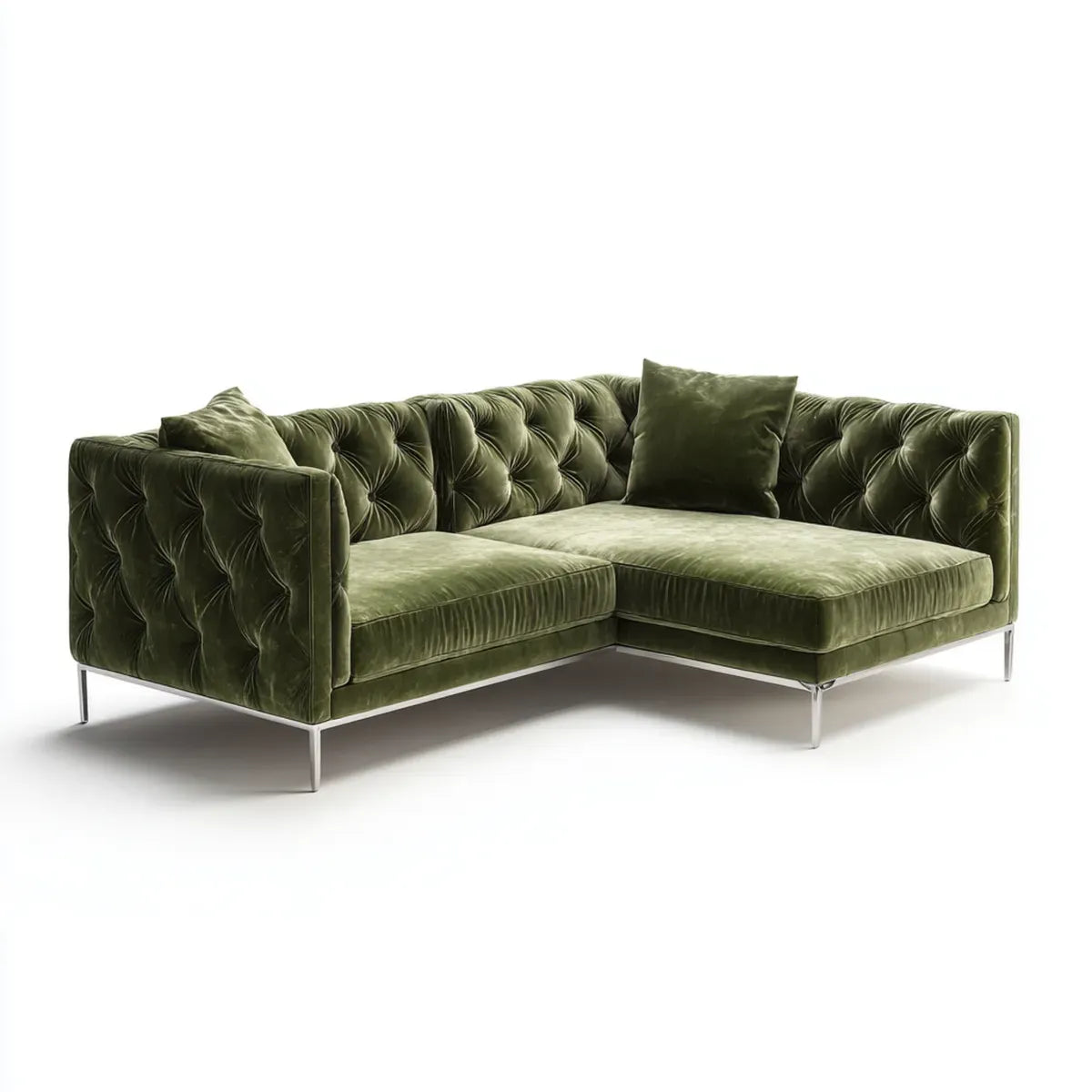 Sofa, 3-osobowa narożna sofa oliwna zielona w poliestrowym aksamicie z prawej strony z szezlongiem 250 x 160 x 78 cm
